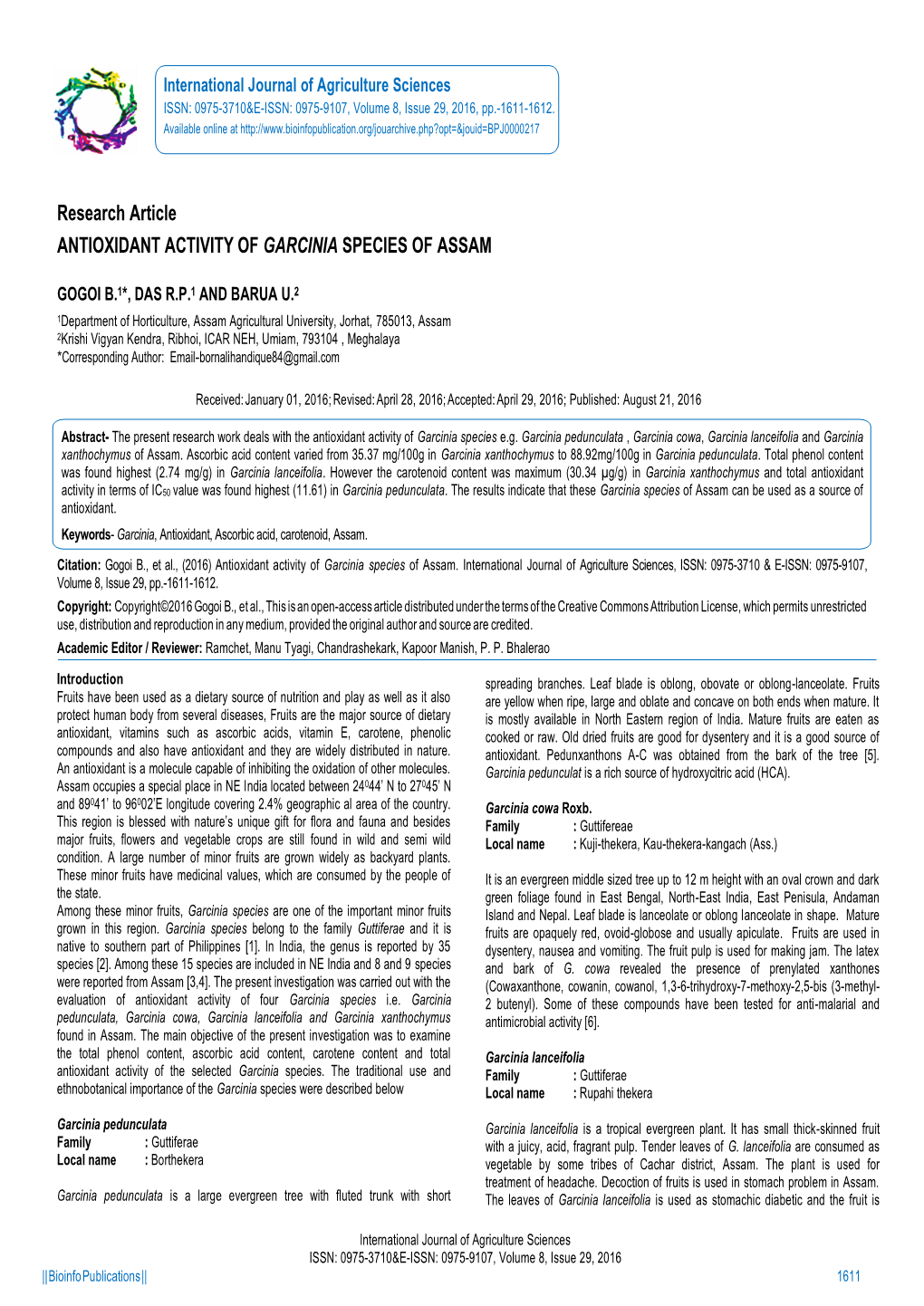 Research Article ANTIOXIDANT ACTIVITY of GARCINIA SPECIES of ASSAM