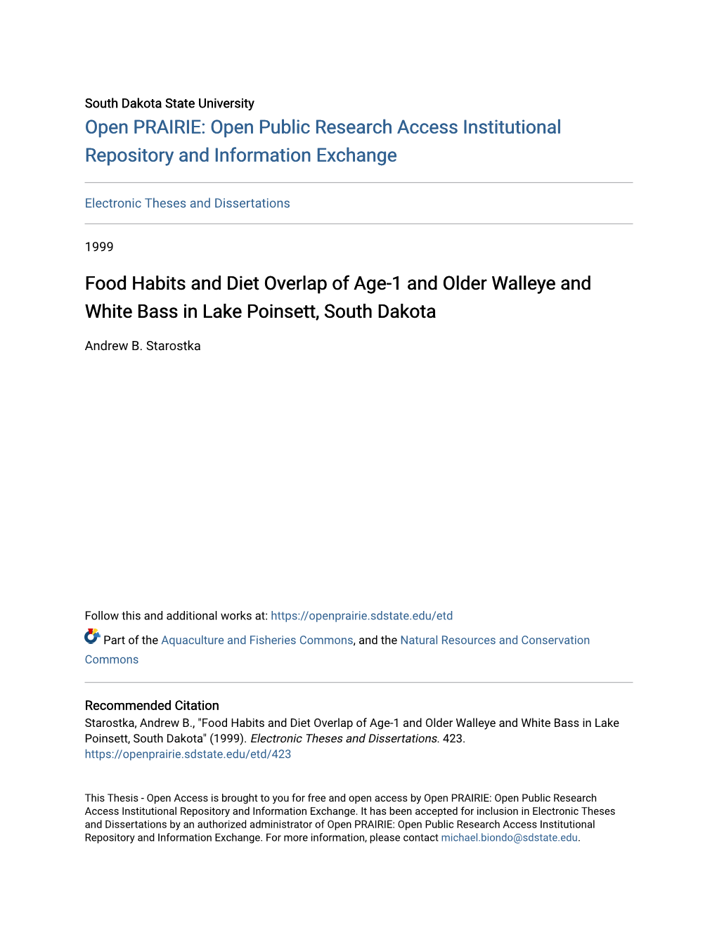 Food Habits and Diet Overlap of Age-1 and Older Walleye and White Bass in Lake Poinsett, South Dakota