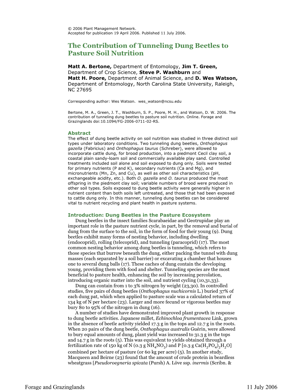 The Contribution of Tunneling Dung Beetles to Pasture Soil Nutrition