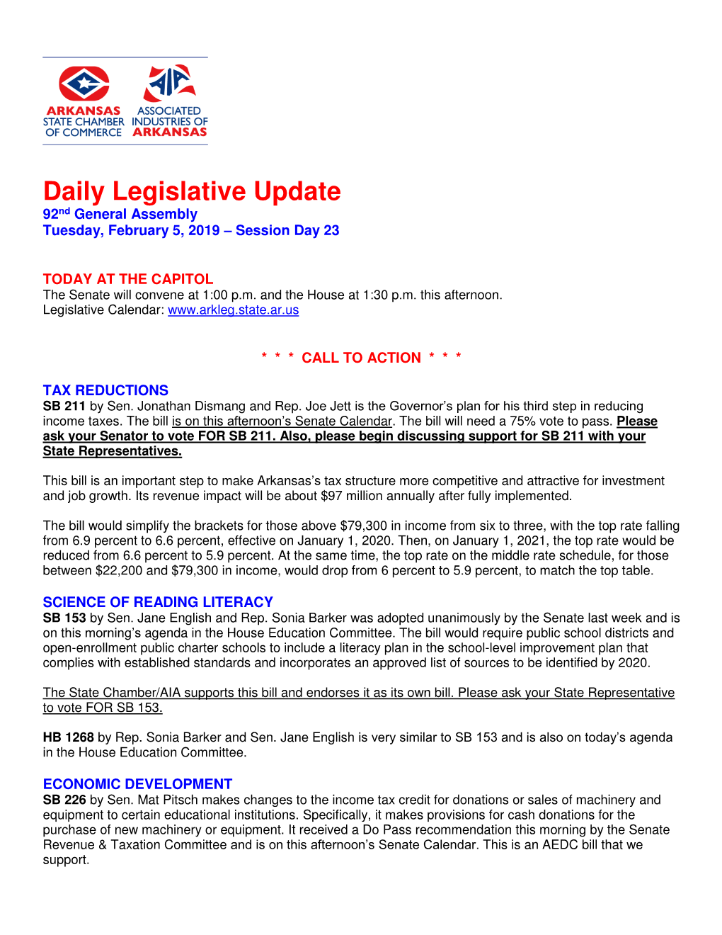 Daily Legislative Update 92Nd General Assembly Tuesday, February 5, 2019 – Session Day 23