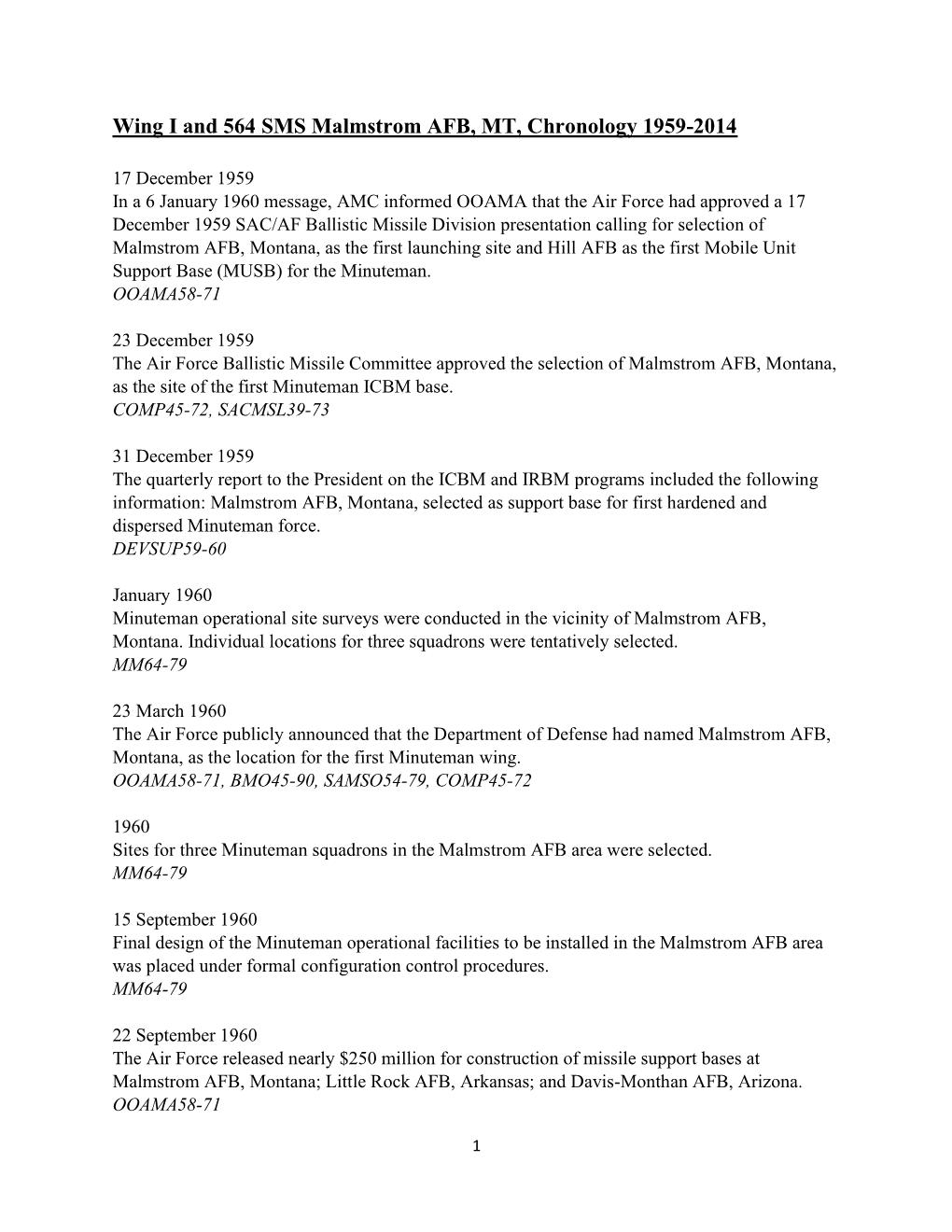 Wing I and 564 SMS Malmstrom AFB, MT, Chronology 1959-2014