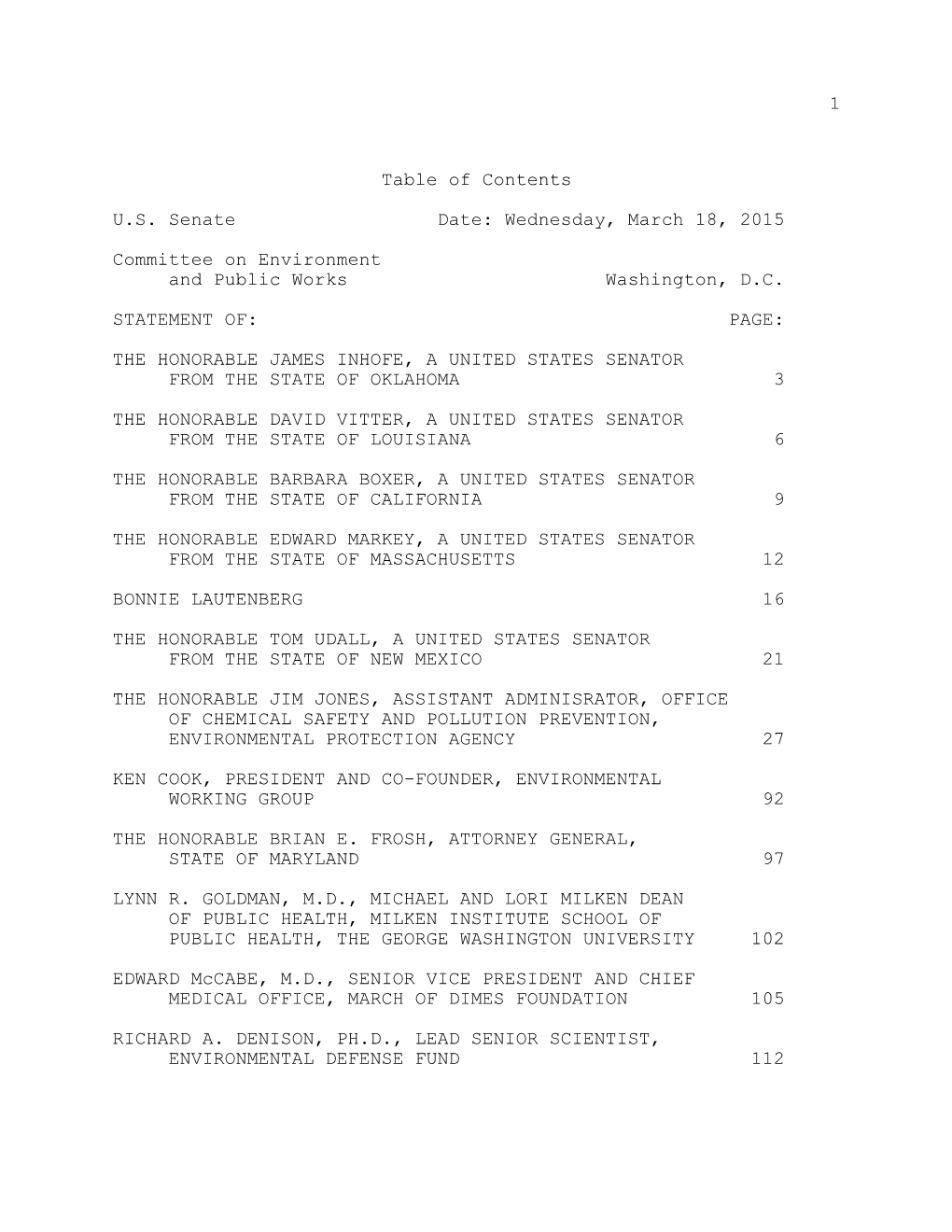 1 Table of Contents U.S. Senate Date: Wednesday, March 18, 2015