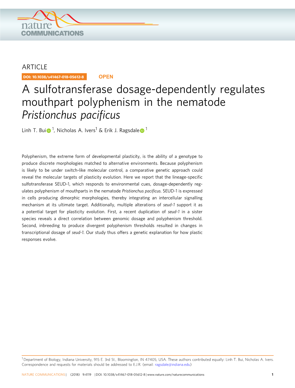 A Sulfotransferase Dosage-Dependently Regulates Mouthpart Polyphenism in the Nematode Pristionchus Paciﬁcus