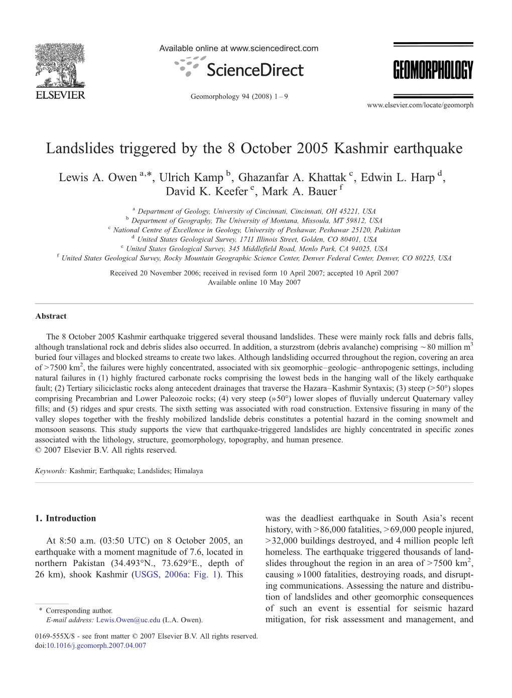 Landslides Triggered by the 8 October 2005 Kashmir Earthquake ⁎ Lewis A