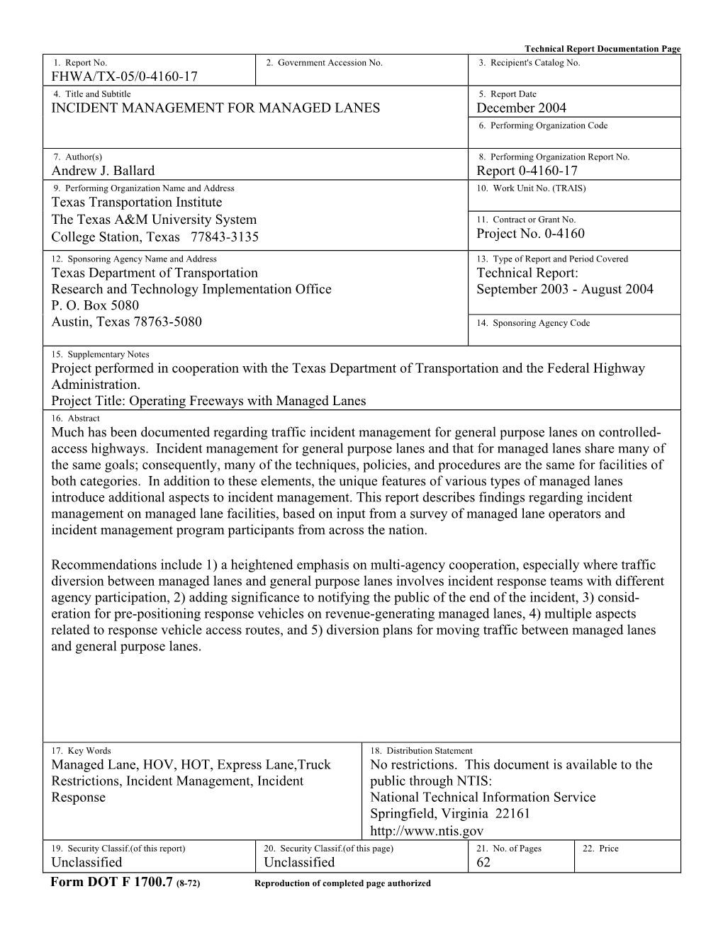 INCIDENT MANAGEMENT for MANAGED LANES December 2004