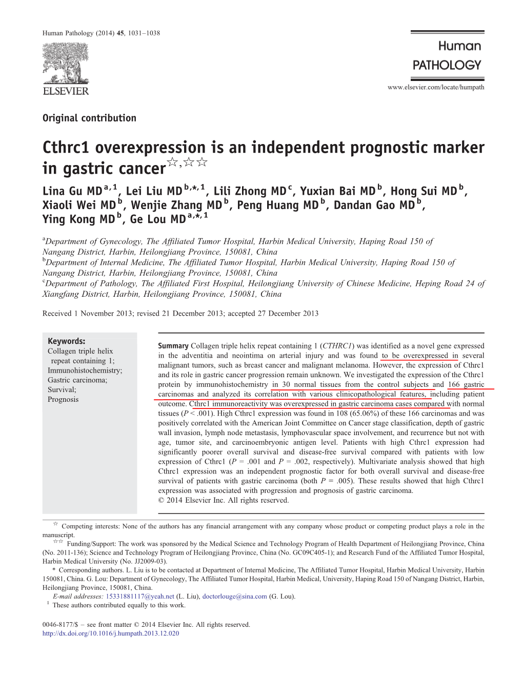 Cthrc1 Overexpression Is an Independent Prognostic Marker In