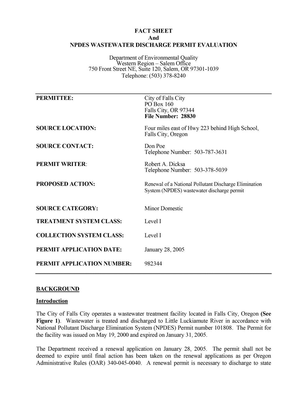 FACT SHEET and NPDES WASTEWATER DISCHARGE PERMIT EVALUATION