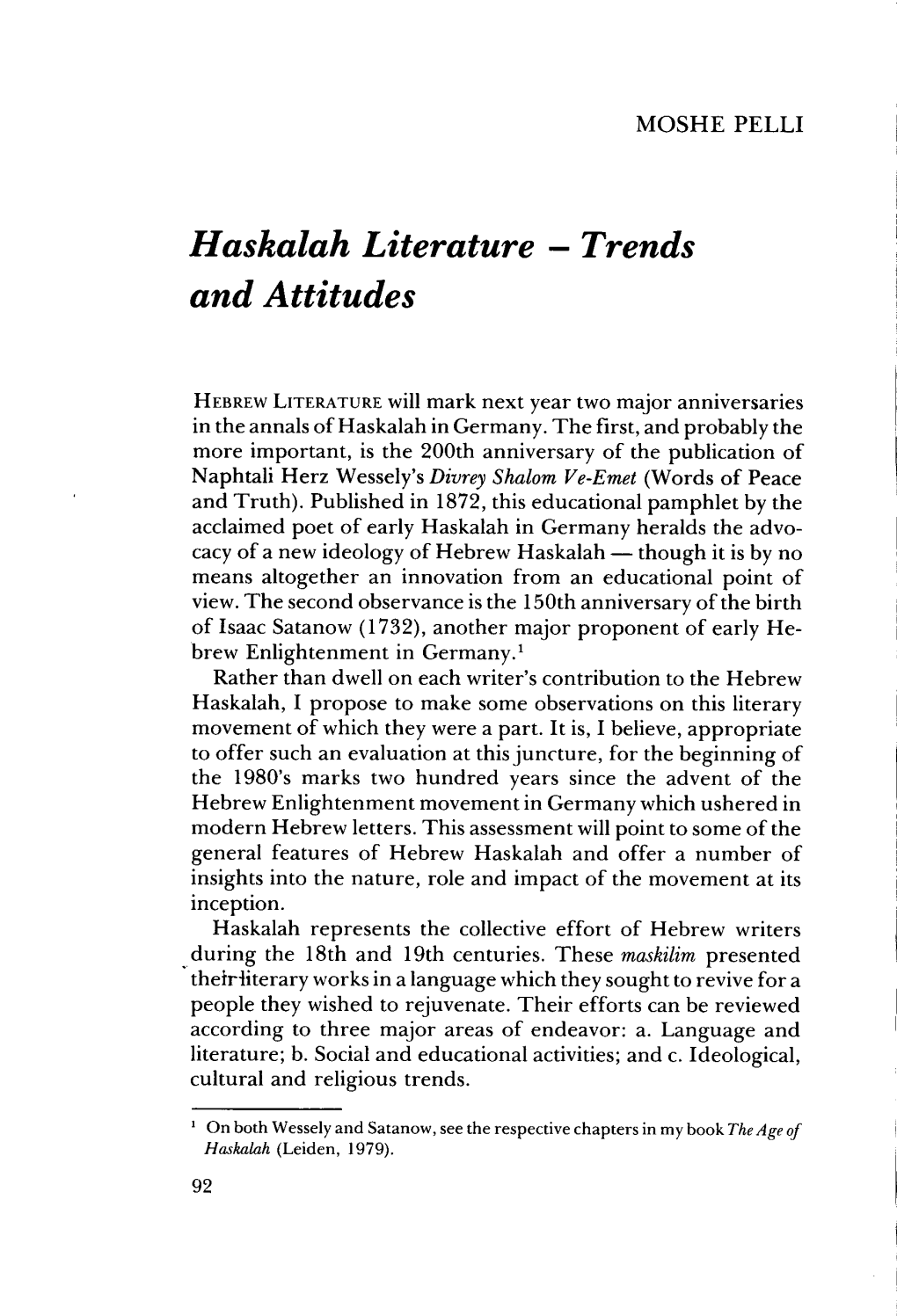 Haskalah Literature - Trends and Attitudes