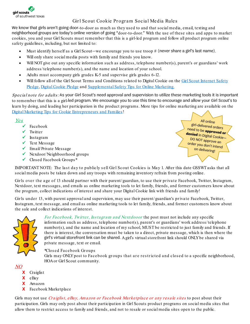 Girl Scout Cookie Program Social Media Rules Yes NO