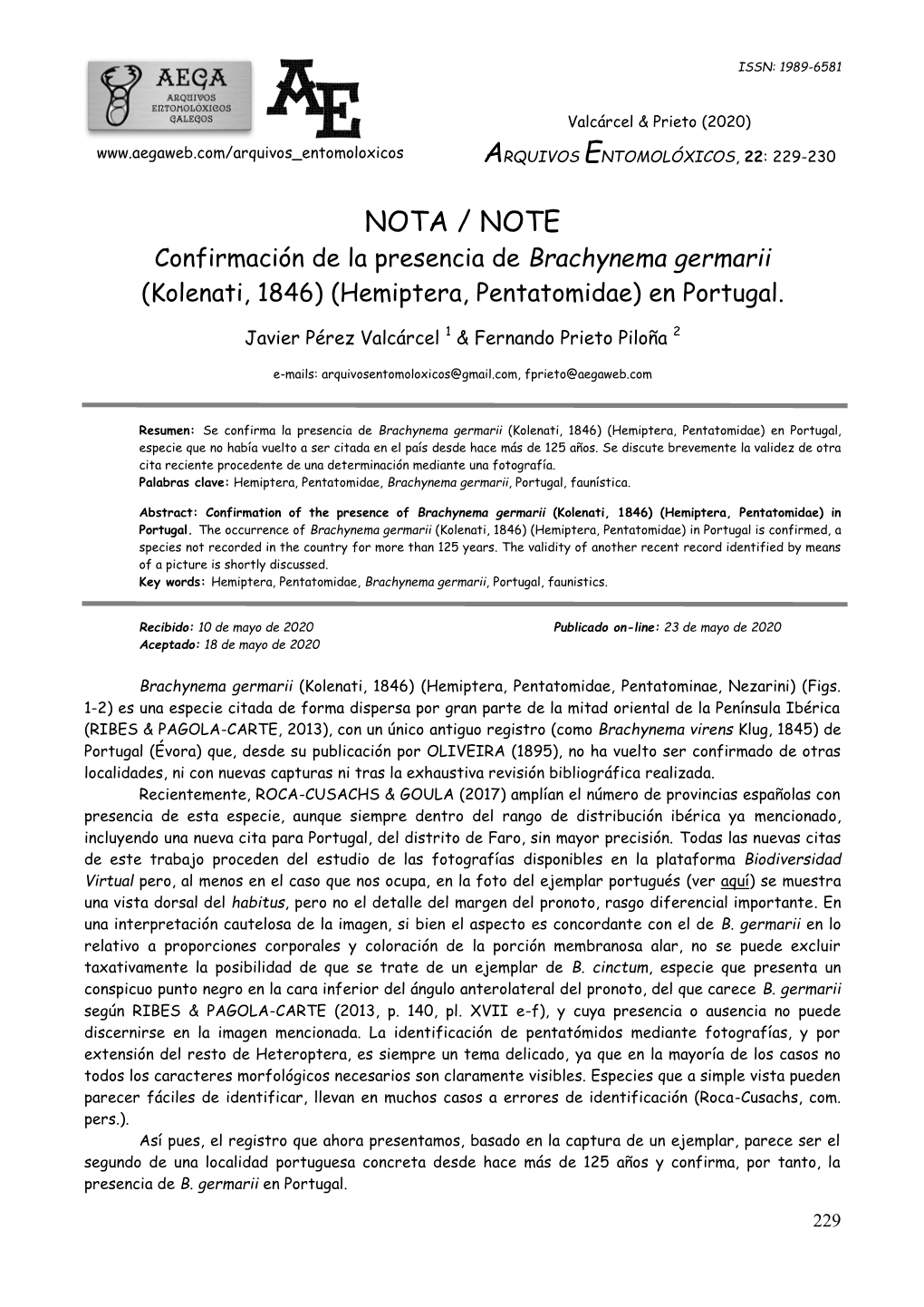 NOTA / NOTE Confirmación De La Presencia De Brachynema Germarii