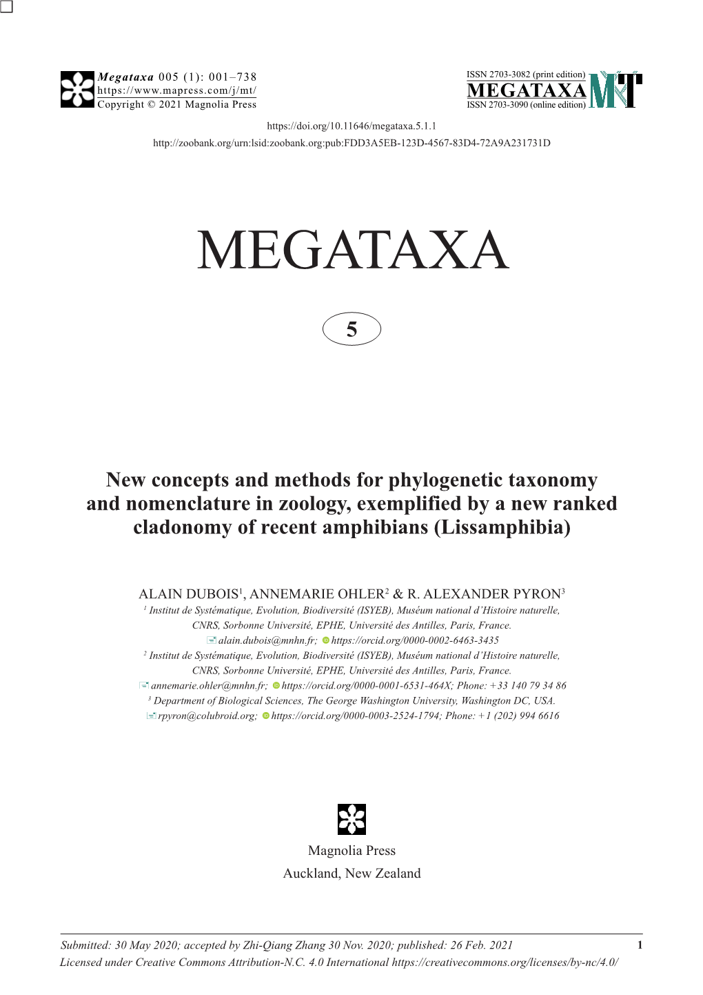 New Concepts and Methods for Phylogenetic Taxonomy and Nomenclature in Zoology, Exemplified by a New Ranked Cladonomy of Recent Amphibians (Lissamphibia)