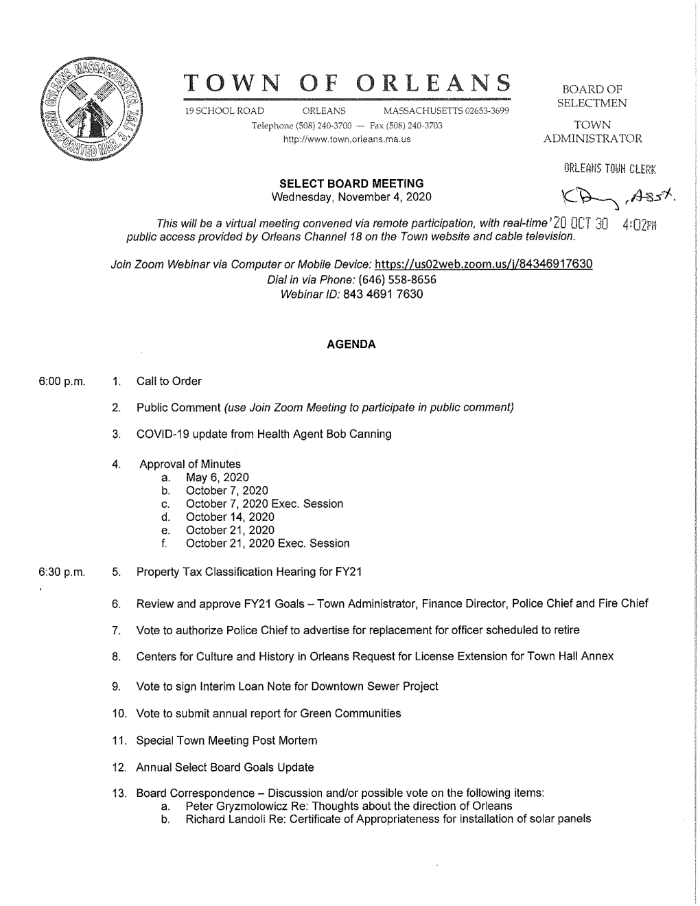 SELECT BOARD OFFICE of the TOWN AGENDA ACTION REQUEST ADMINSTRATOR November 4, 2020