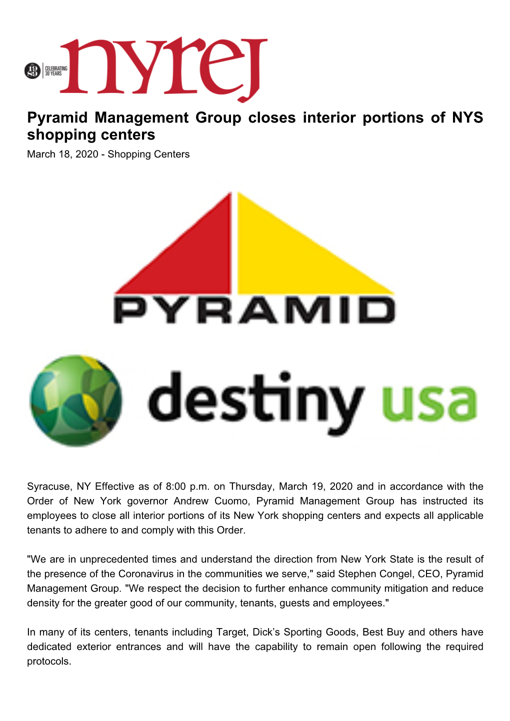 Pyramid Management Group Closes Interior Portions of NYS Shopping Centers March 18, 2020 - Shopping Centers