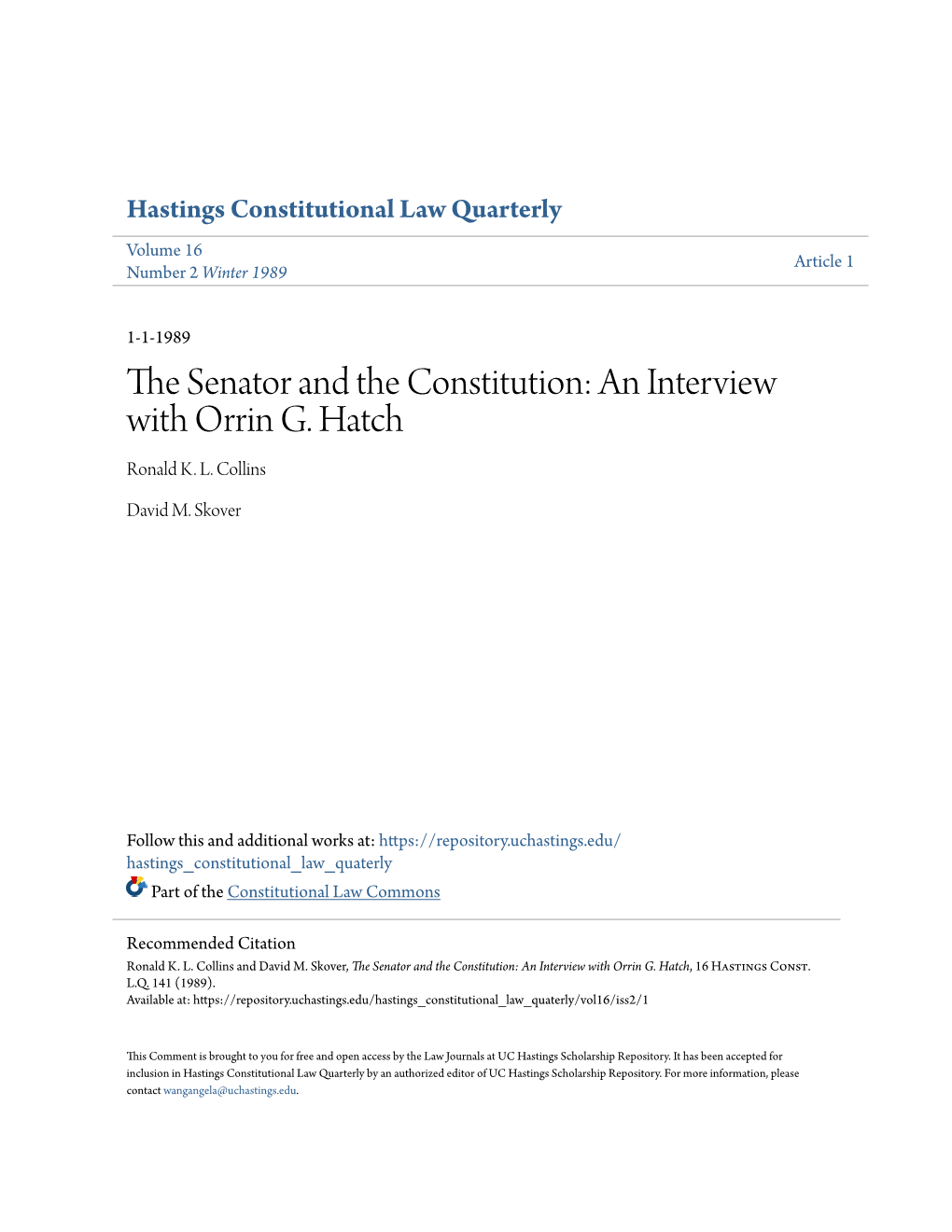 The Senator and the Constitution: an Interview with Orrin G. Hatch, 16 Hastings Const