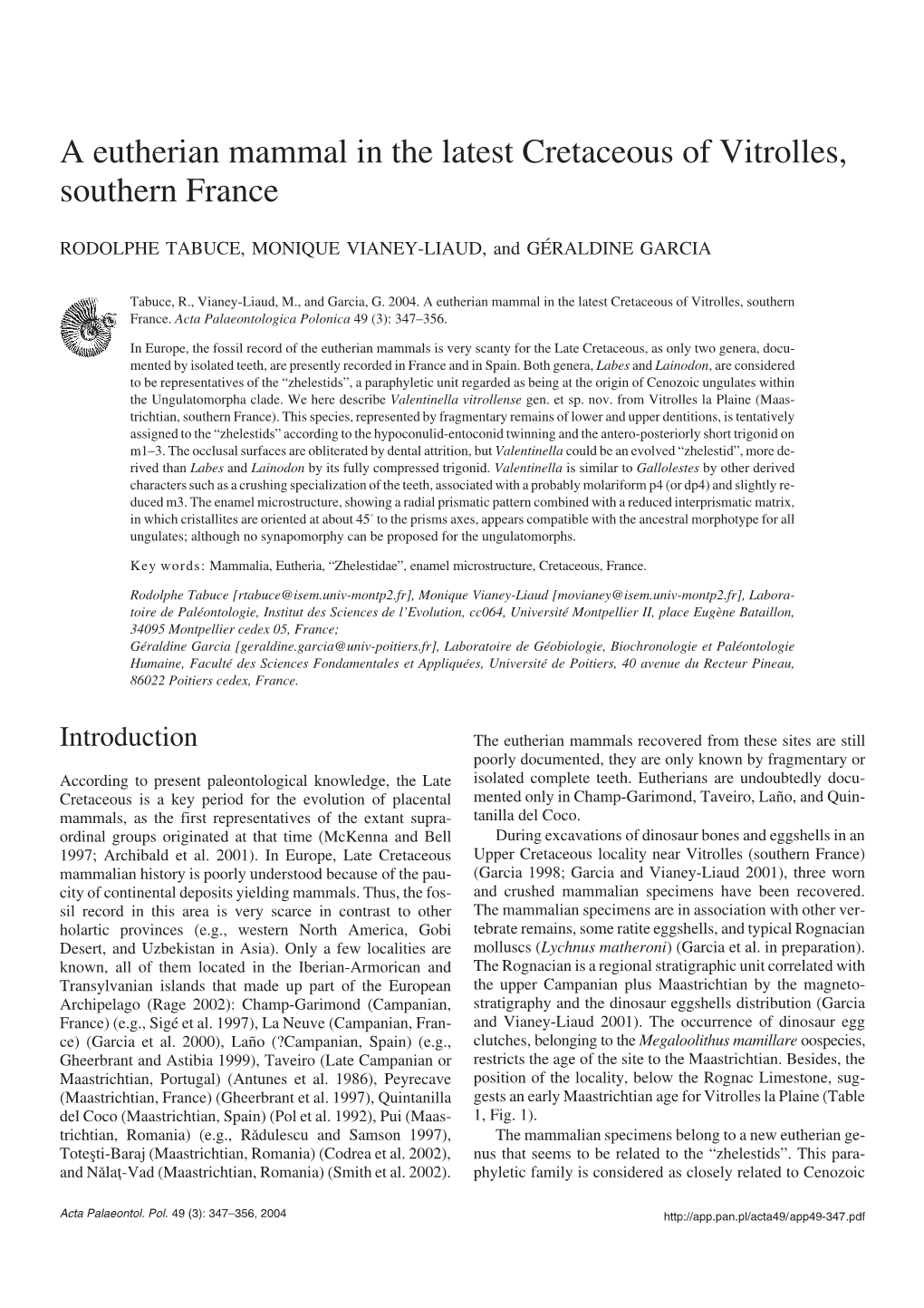 A Eutherian Mammal in the Latest Cretaceous of Vitrolles, Southern France