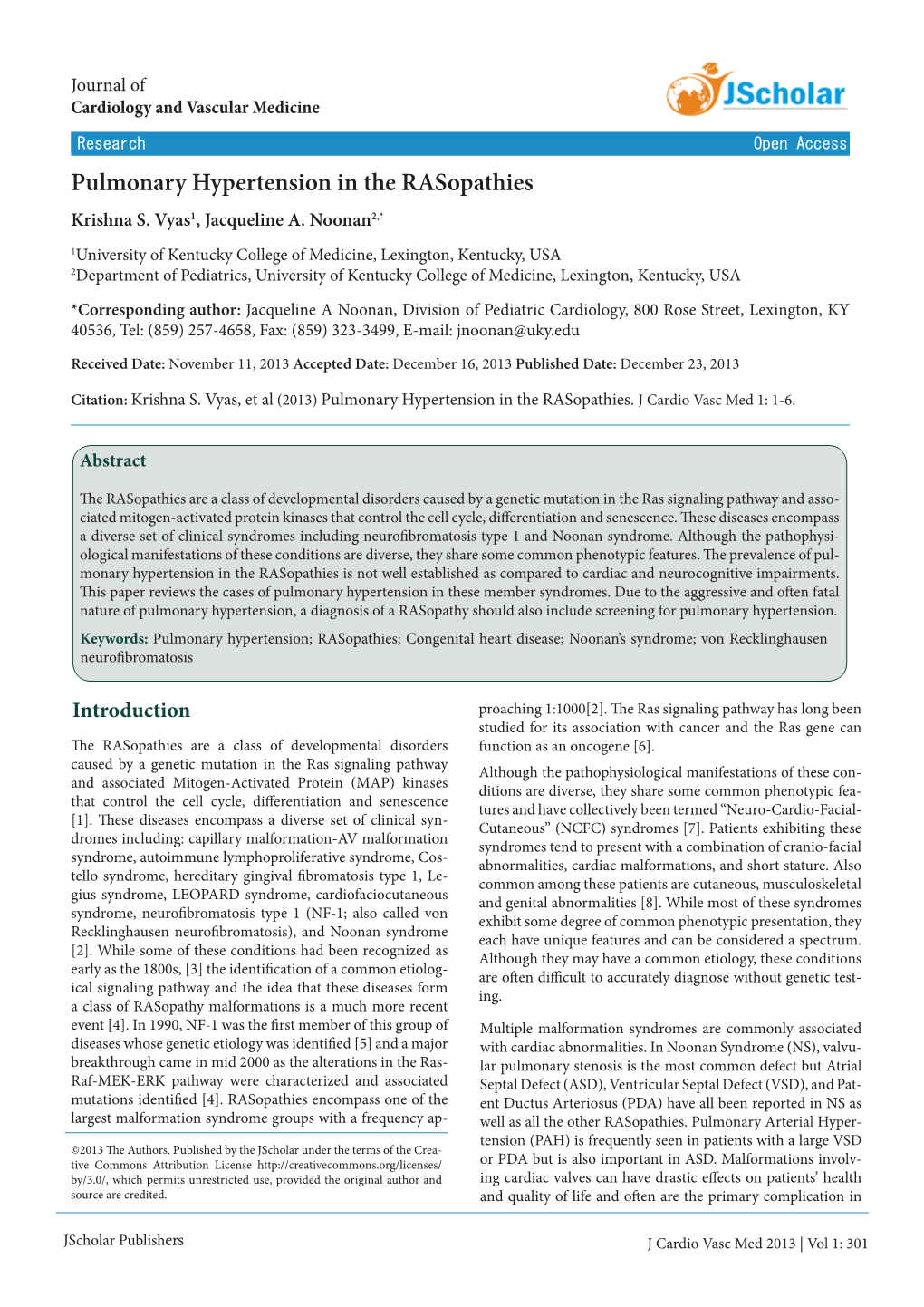 Pulmonary Hypertension in the Rasopathies Krishna S