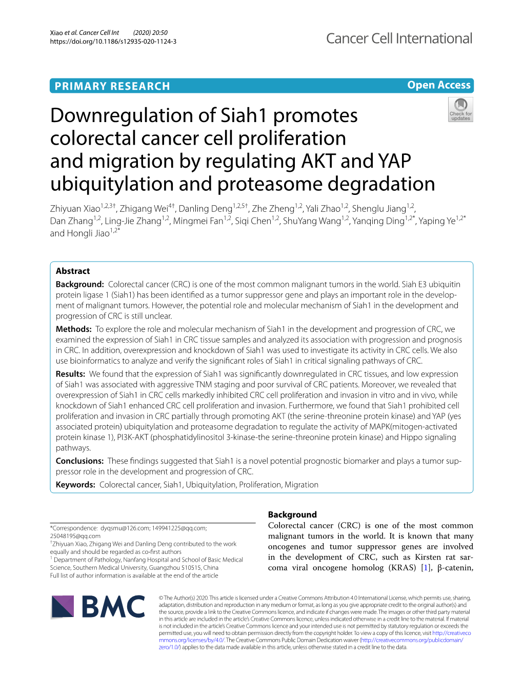 Downregulation of Siah1 Promotes Colorectal Cancer Cell Proliferation