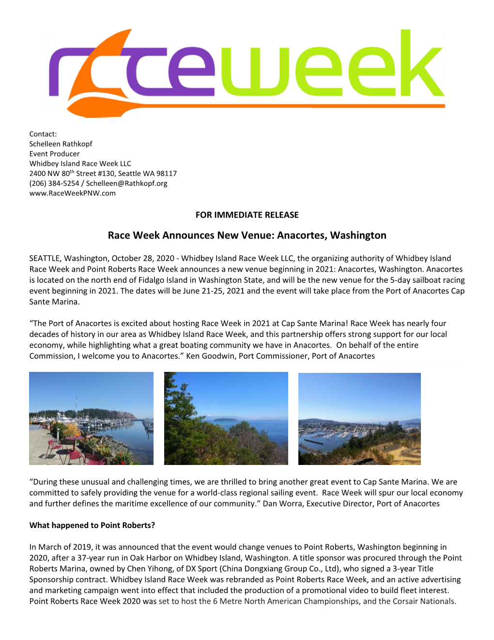 Race Week Announces New Venue: Anacortes, Washington