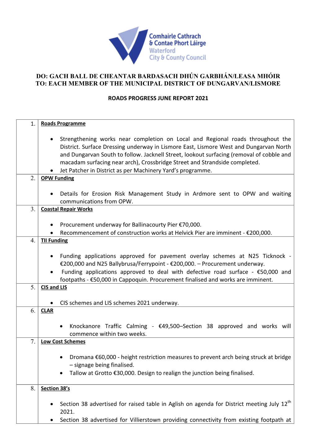 3A). Roads Report Dungarvan Lismore 12Th July 2021