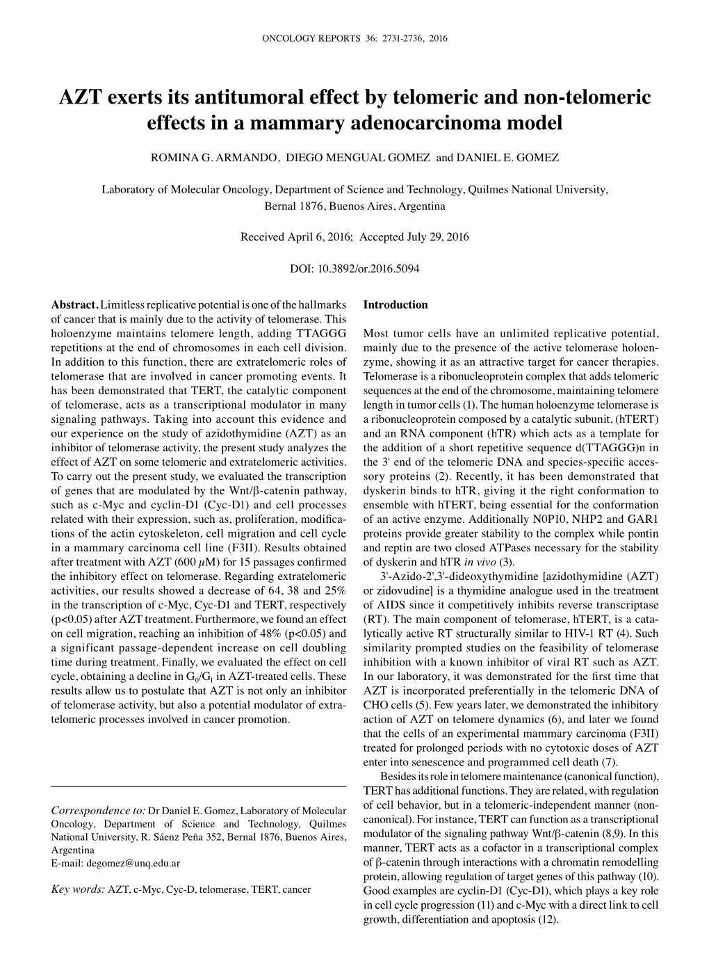 AZT Exerts Its Antitumoral Effect by Telomeric and Non-Telomeric Effects in a Mammary Adenocarcinoma Model