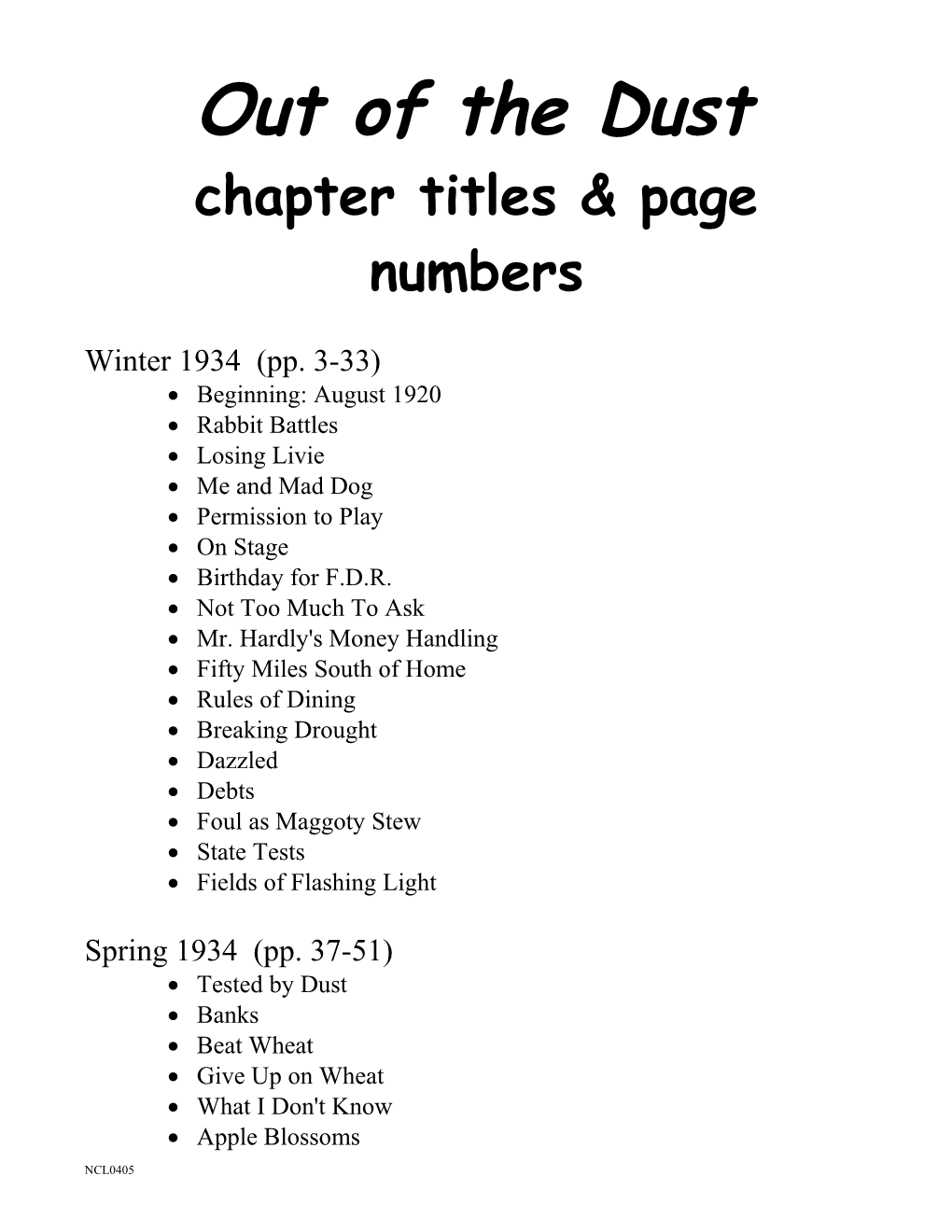 Chapter Titles & Page Numbers