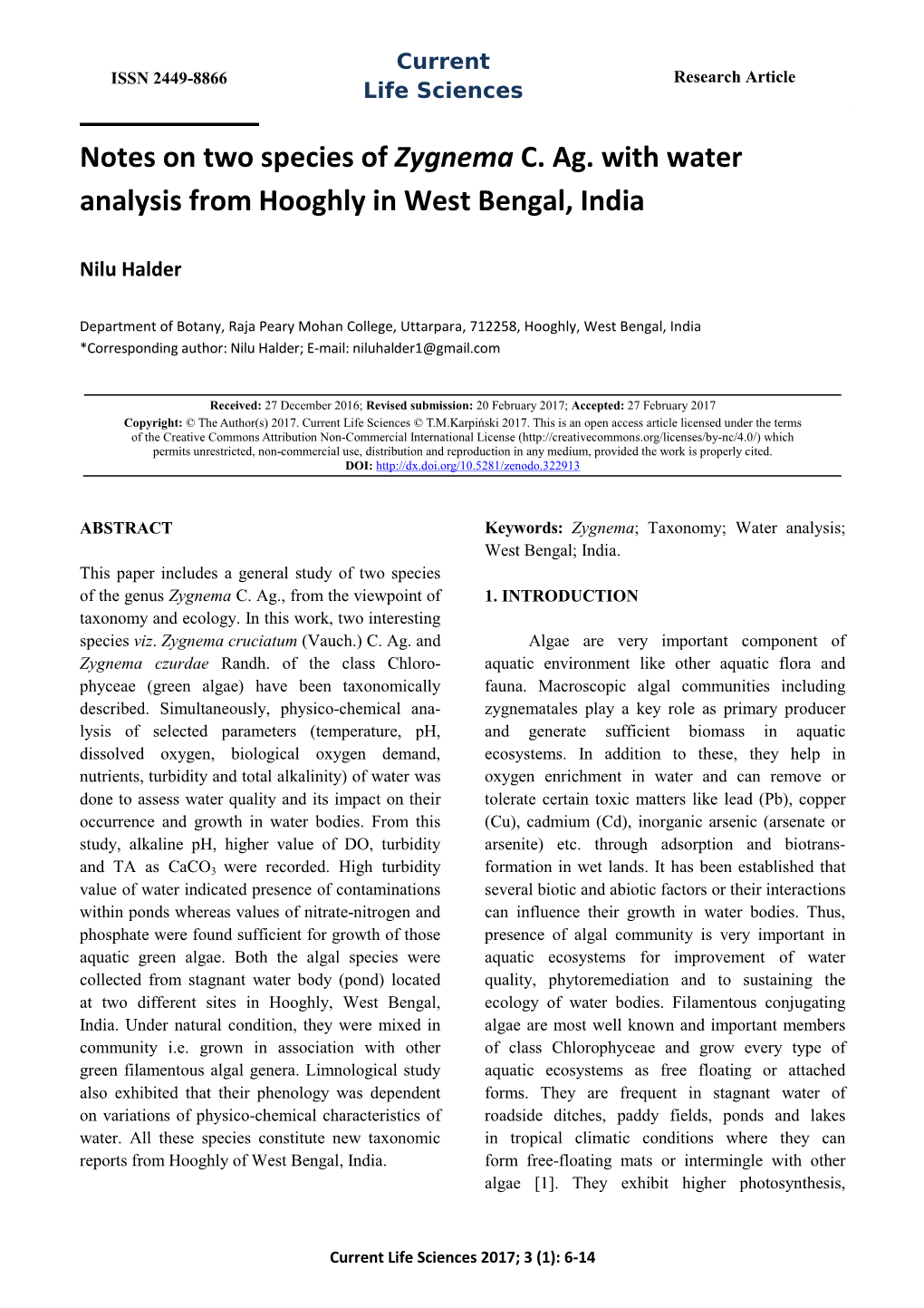 Notes on Two Species of Zygnema C. Ag. with Water Analysis from Hooghly in West Bengal, India