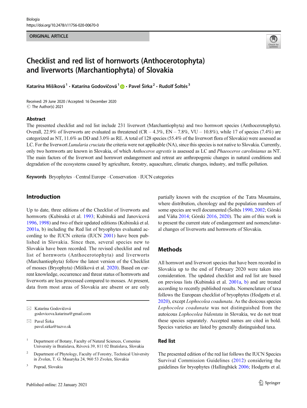 Checklist and Red List of Hornworts (Anthocerotophyta) and Liverworts (Marchantiophyta) of Slovakia