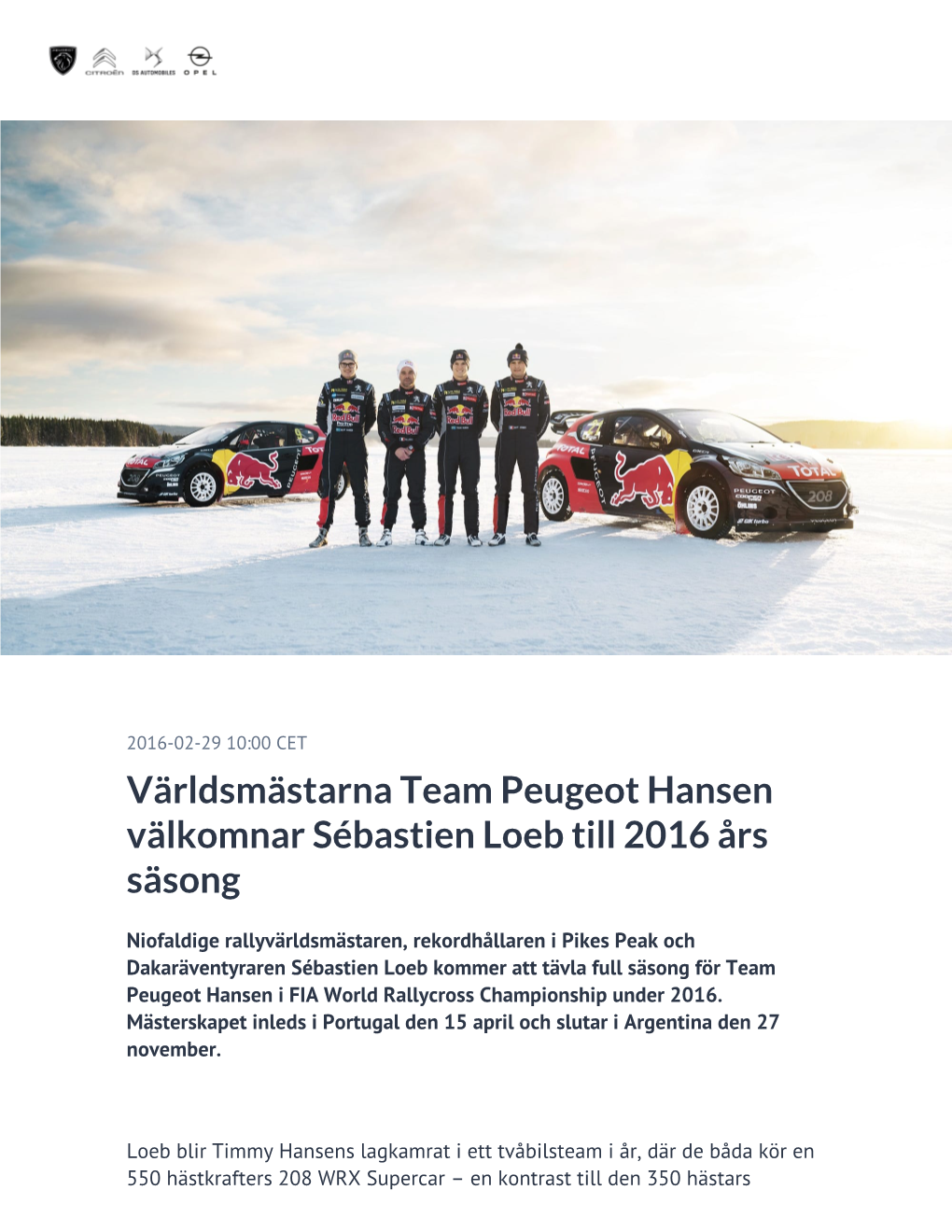 Världsmästarna Team Peugeot Hansen Välkomnar Sébastien Loeb Till 2016 Års Säsong