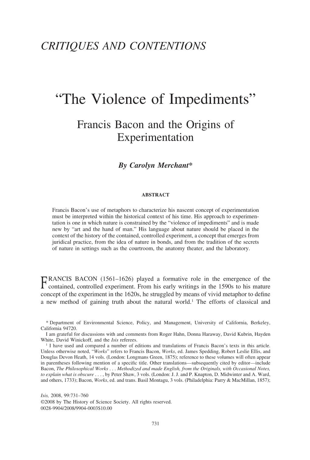 “The Violence of Impediments” Francis Bacon and the Origins Of