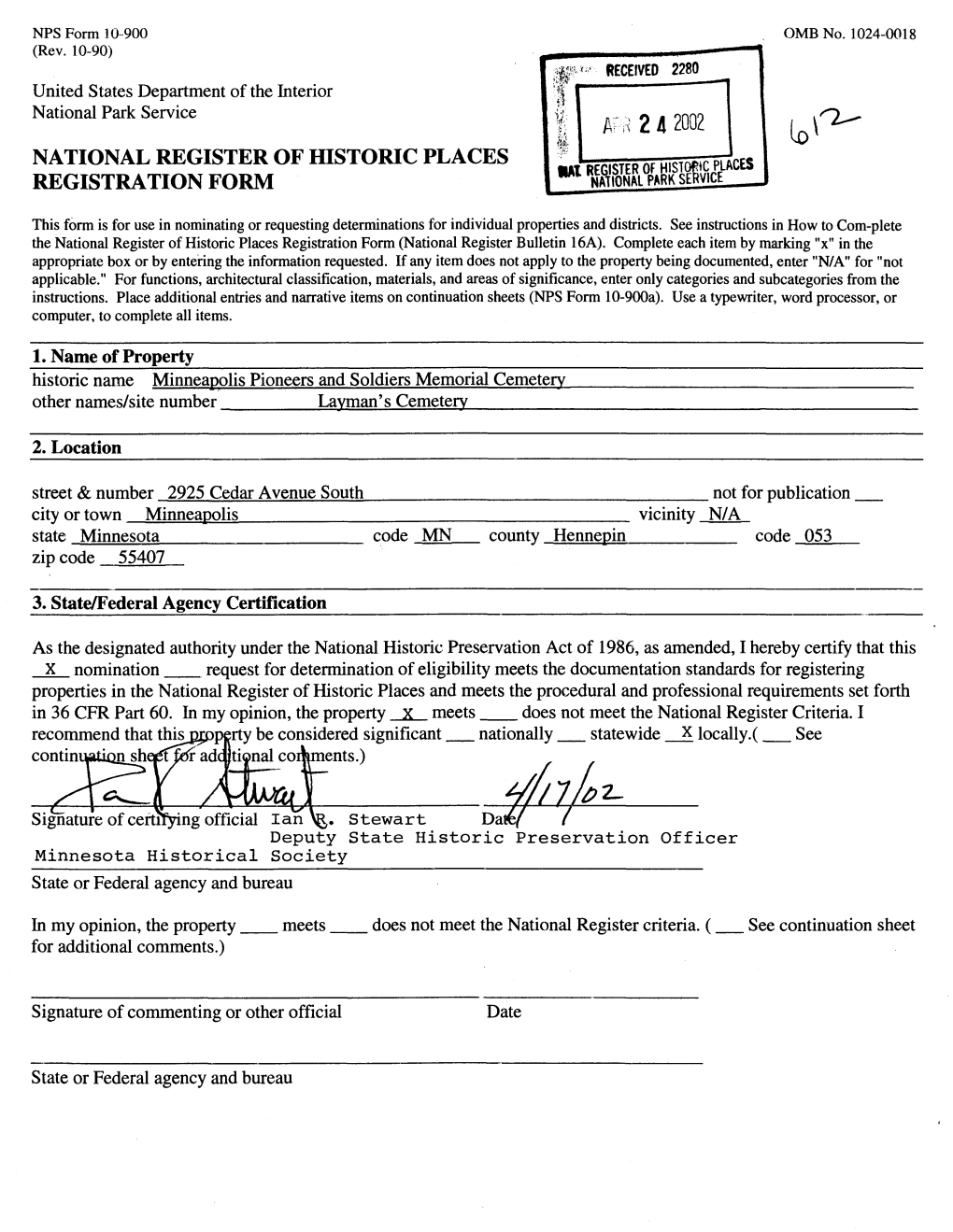 APS 2 4 2002 To* NATIONAL REGISTER of HISTORIC PLACES REGISTRATION FORM SERVICE