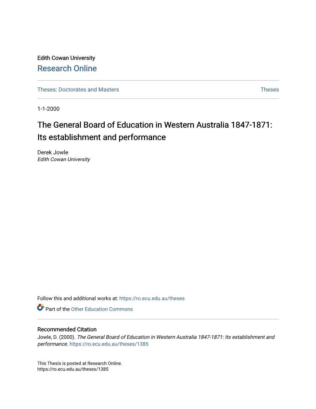 The General Board of Education in Western Australia 1847-1871: Its Establishment and Performance