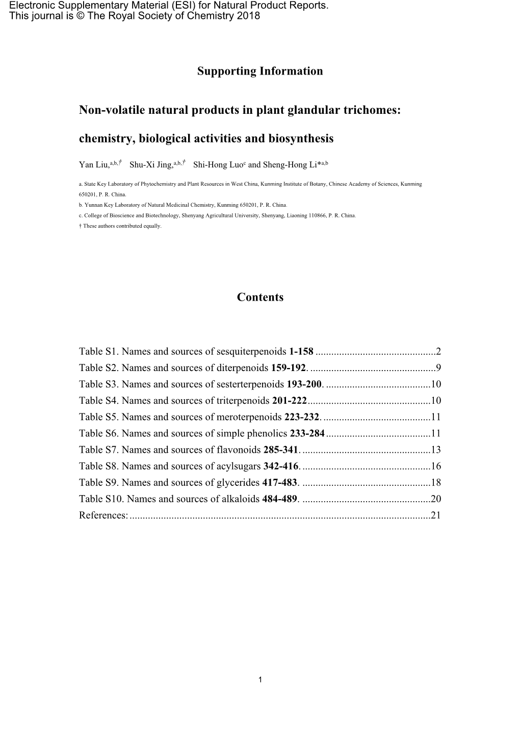 Supporting Information Non-Volatile Natural Products in Plant Glandular Trichomes: Chemistry, Biological Activities and Biosynth