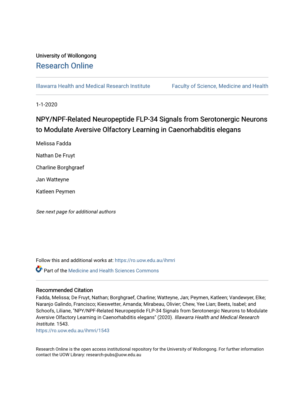 NPY/NPF-Related Neuropeptide FLP-34 Signals from Serotonergic Neurons to Modulate Aversive Olfactory Learning in Caenorhabditis Elegans