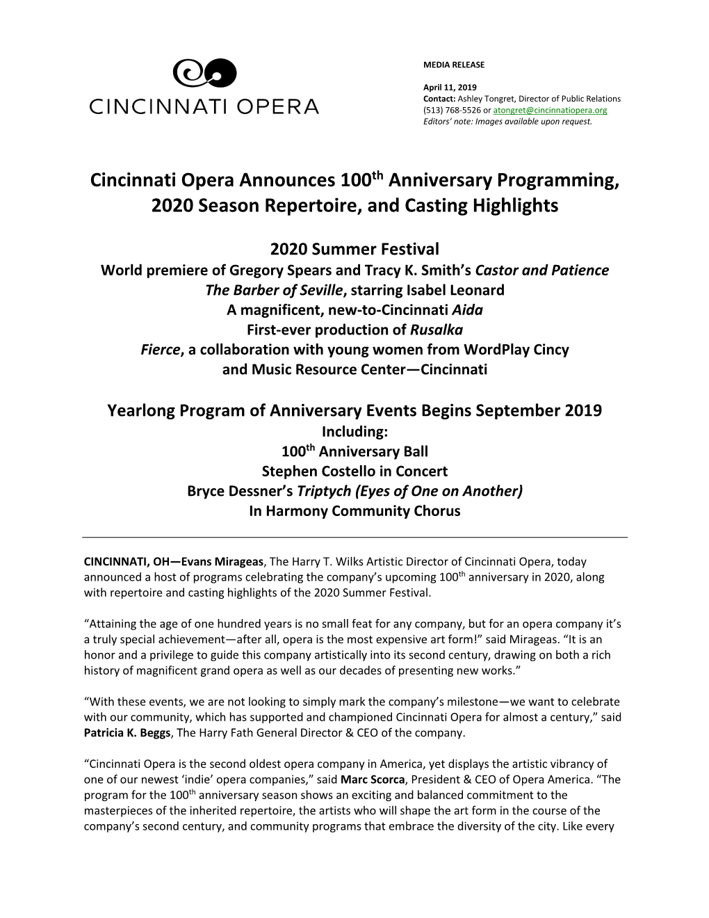 Cincinnati Opera Announces 100Th Anniversary Programming, 2020 Season Repertoire, and Casting Highlights