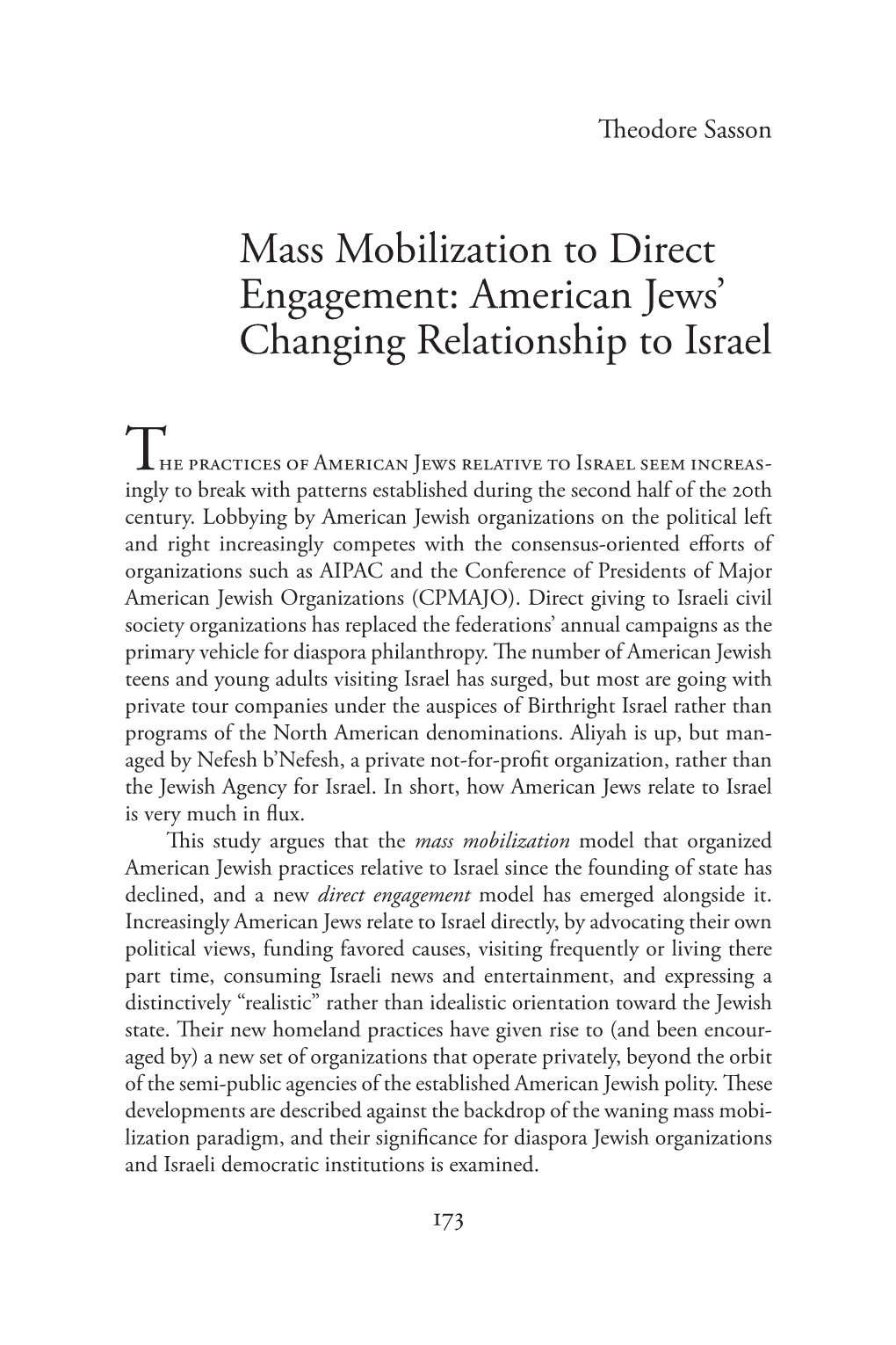 Mass Mobilization to Direct Engagement: American Jews’ Changing Relationship to Israel