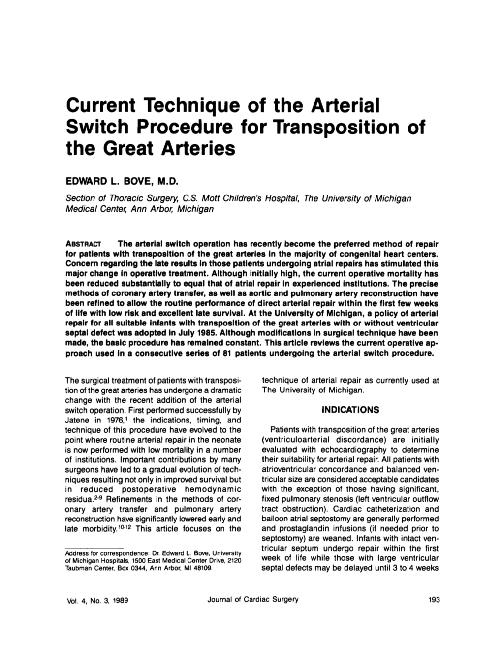 Current Technique of the Arterial Switch Procedure for Transposition of the Great Arteries