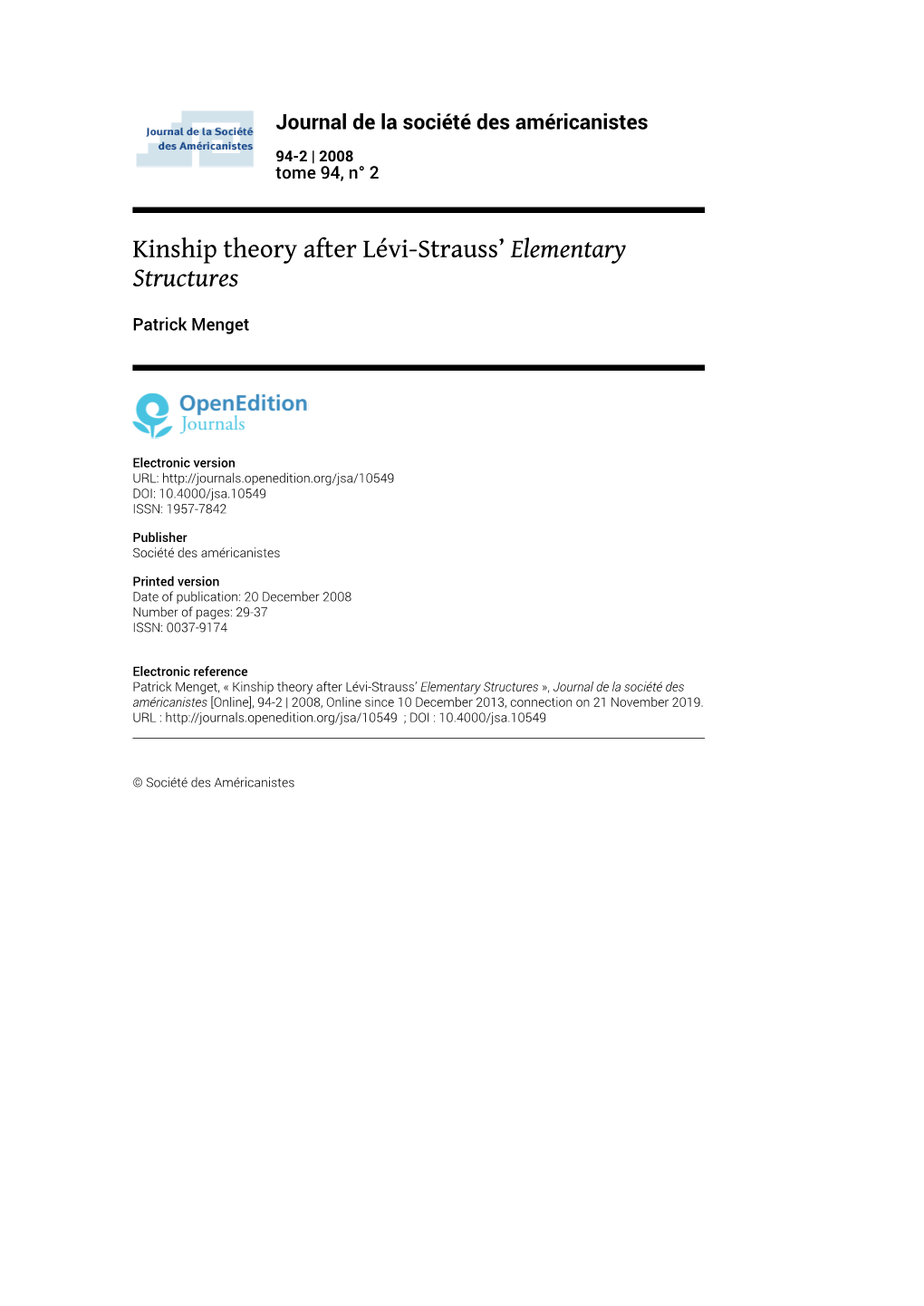 Kinship Theory After Lévi-Strauss' Elementary Structures