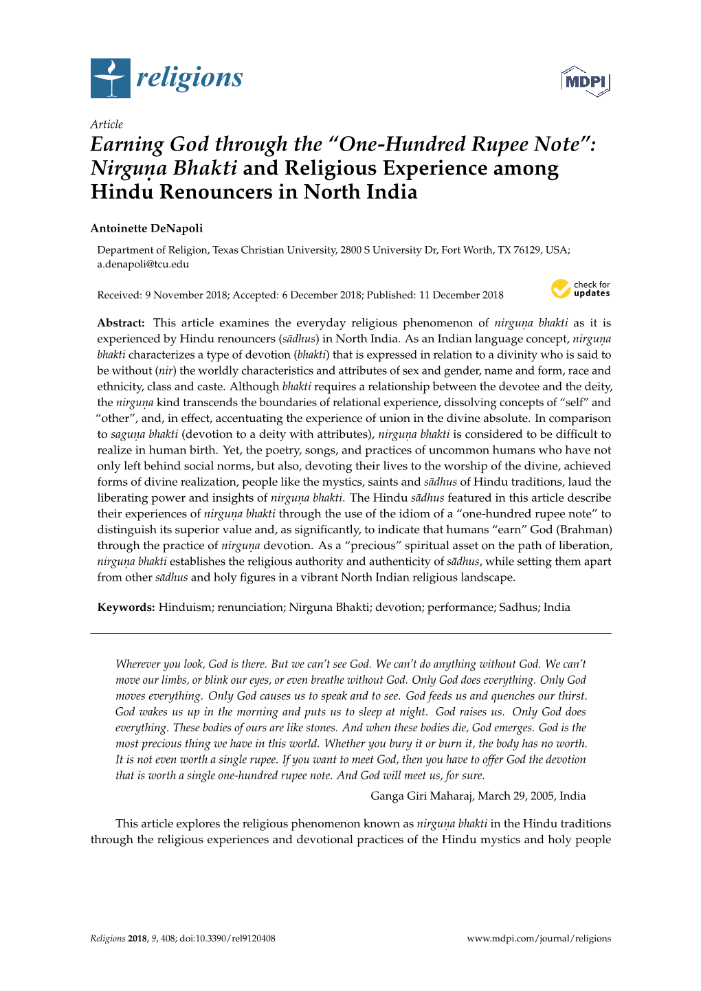 Nirguṇa Bhakti and Religious Experience Among Hindu Renouncers in North