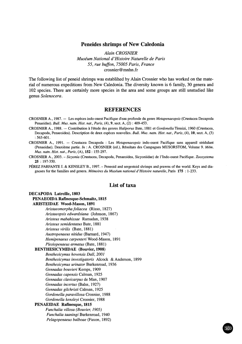 Peneides Shrimps of New Caledonia Alain CROSNIER Museum National D'histoire Naturelle De Paris 55, Rue Buffon, 75005 Paris, France Crosnier@Mnhnjr