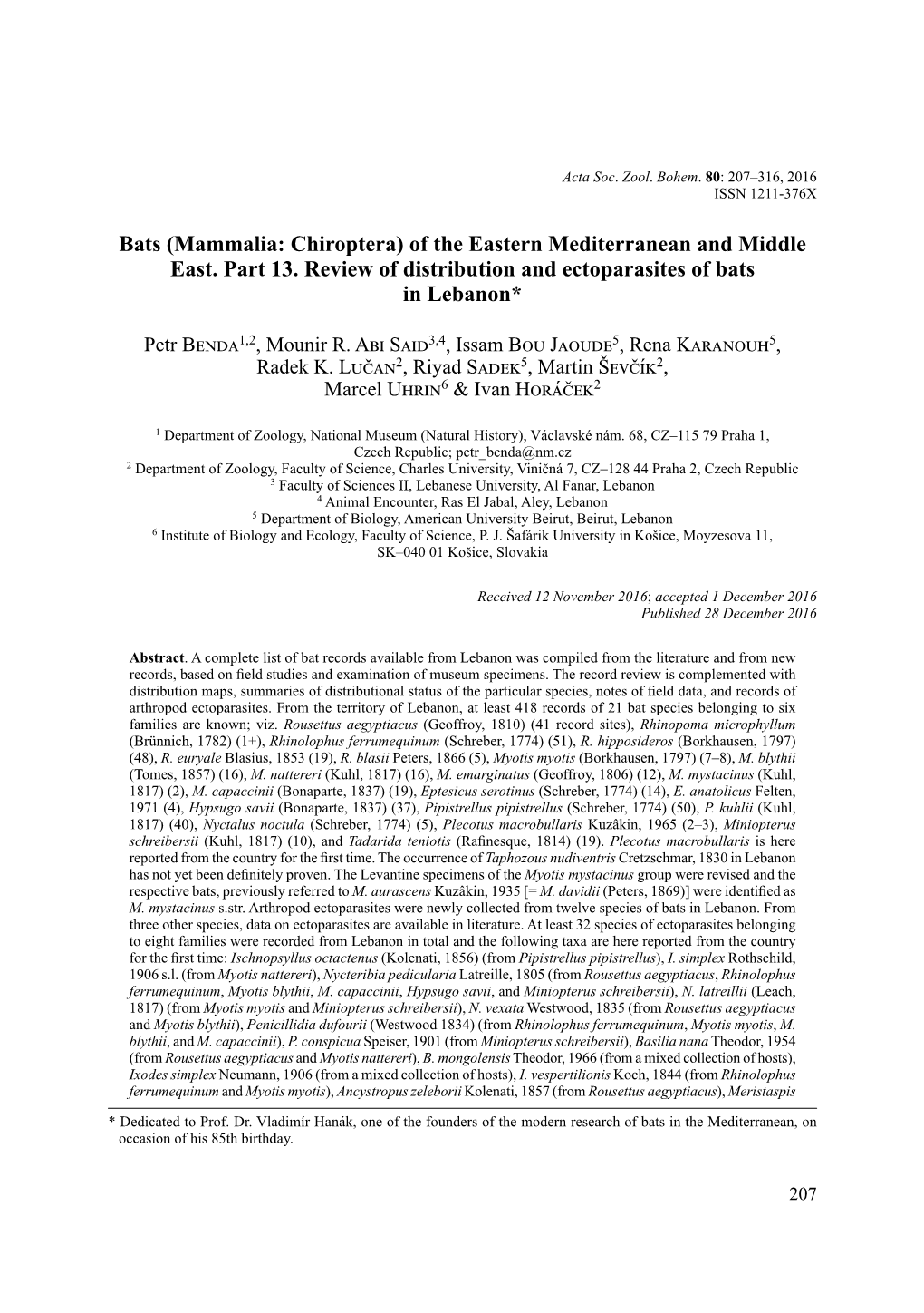 Of the Eastern Mediterranean and Middle East. Part 13. Review of Distribution and Ectoparasites of Bats in Lebanon*