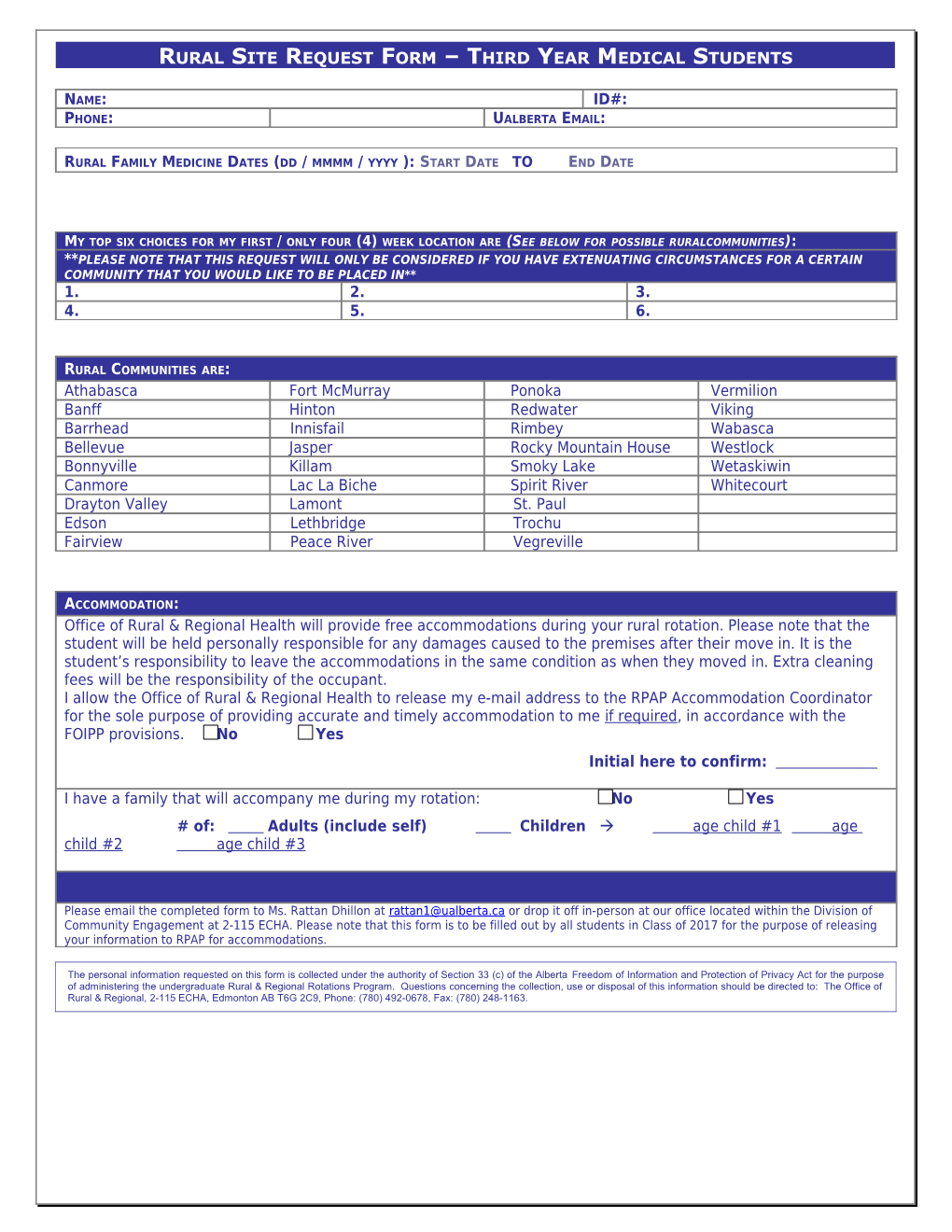 Rural Site Request Form Third Year Medical Students