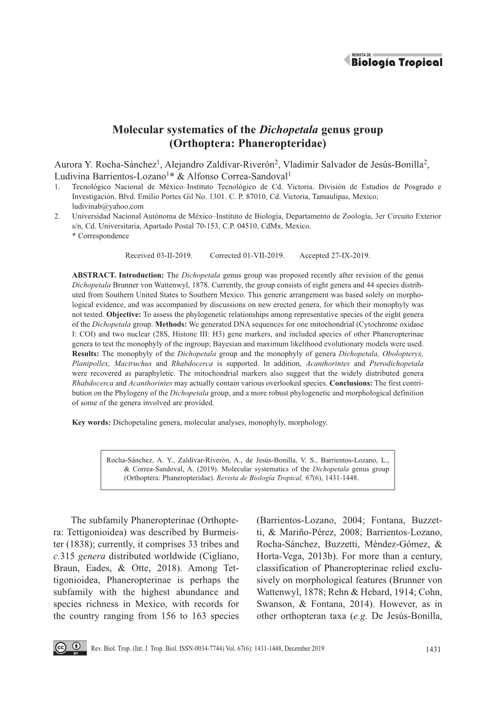 Molecular Systematics of the Dichopetala Genus Group (Orthoptera: Phaneropteridae)