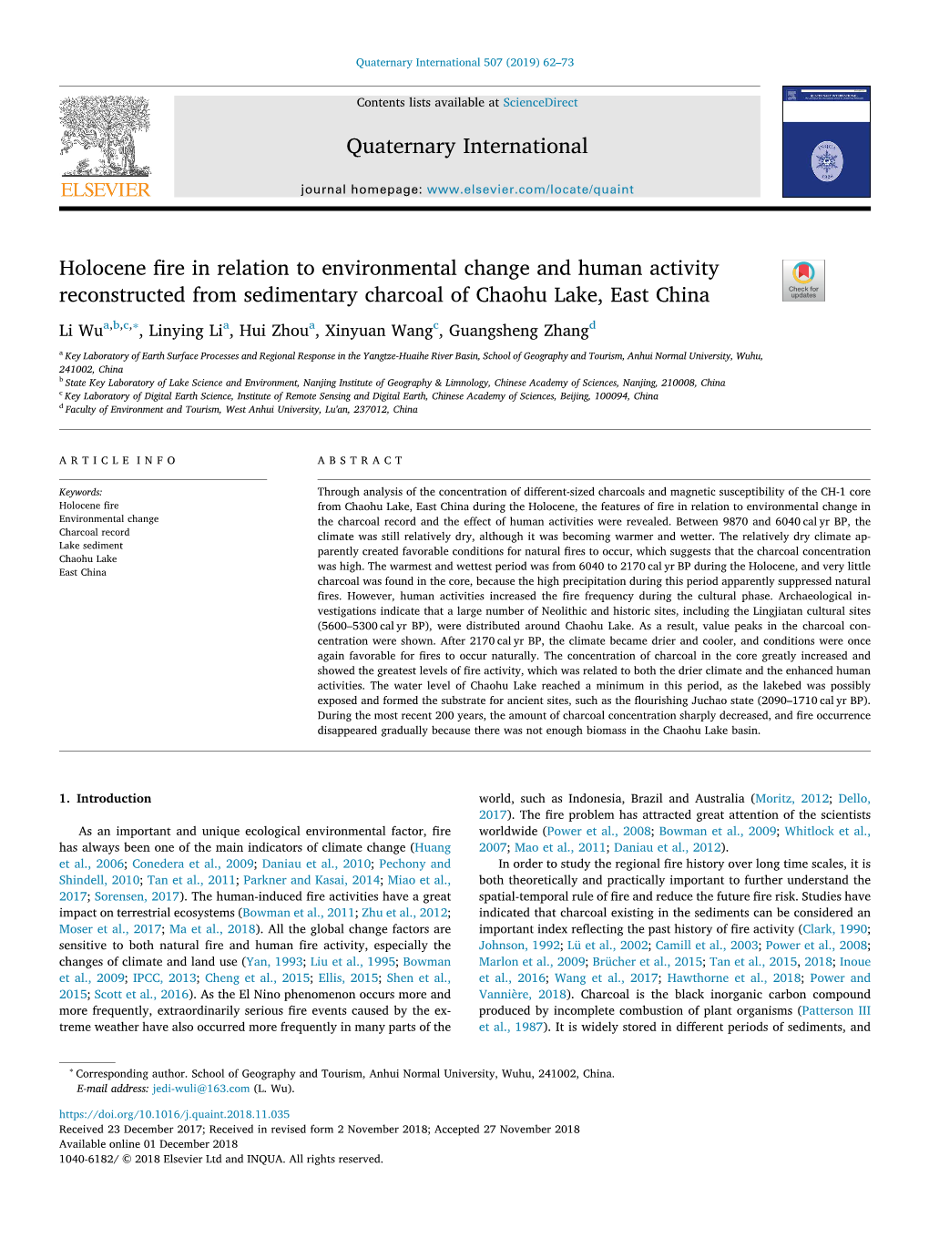 Holocene Fire in Relation to Environmental Change and Human Activity Reconstructed from Sedimentary Charcoal of Chaohu Lake