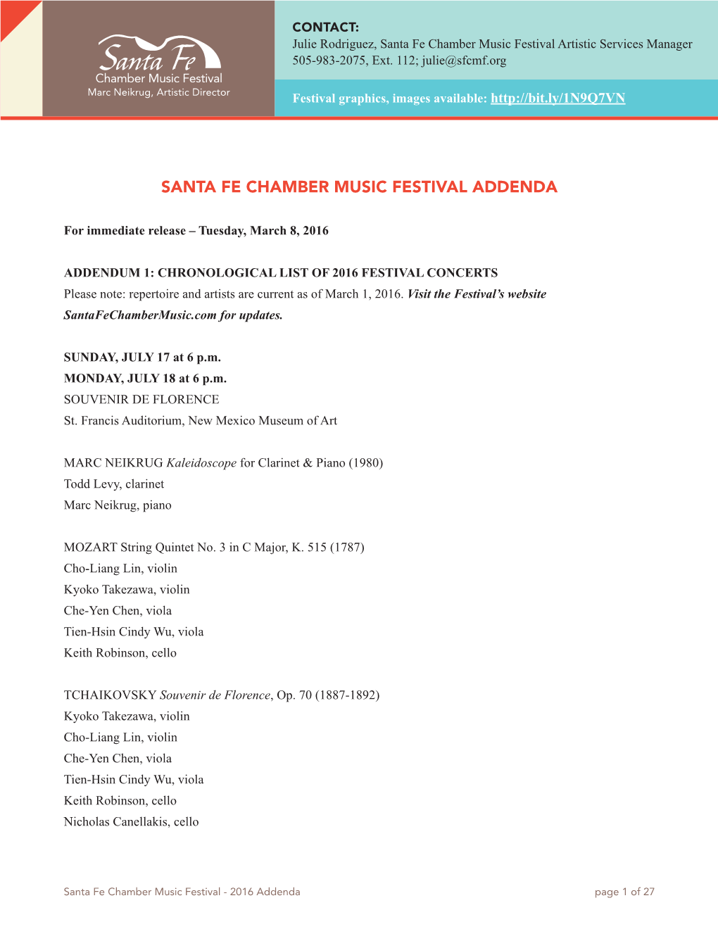 Santa Fe Chamber Music Festival Addenda