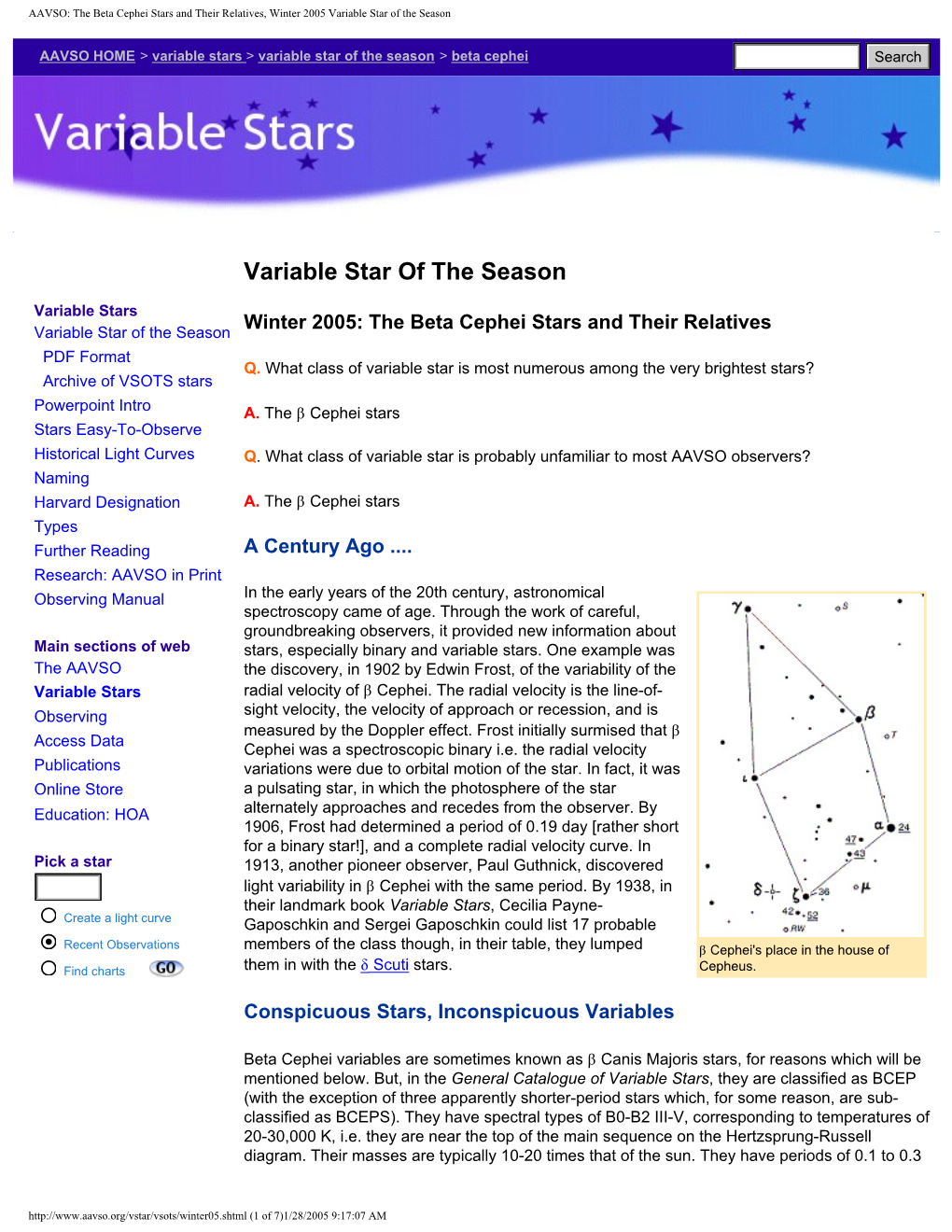 The Beta Cephei Stars and Their Relatives, Winter 2005 Variable Star of the Season