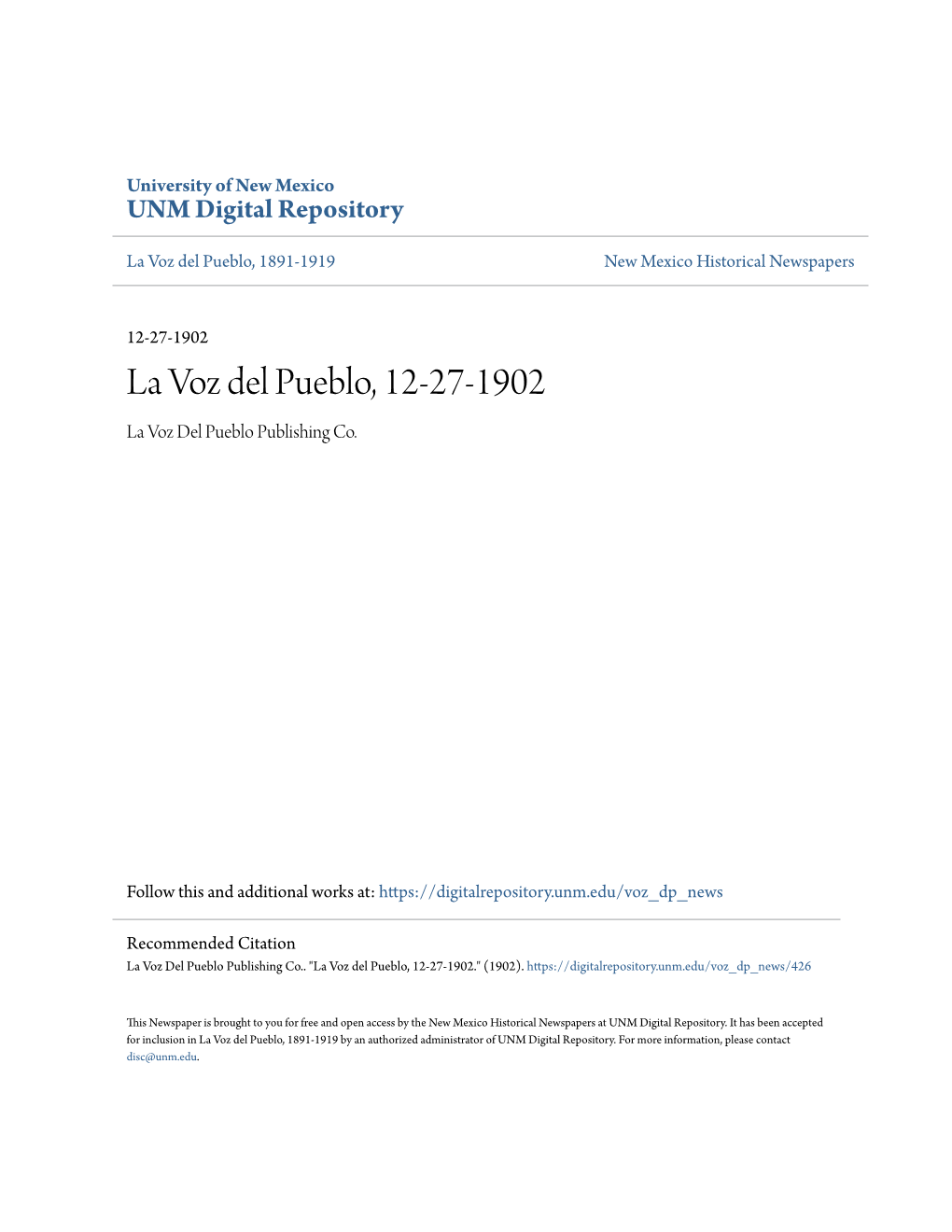 La Voz Del Pueblo, 12-27-1902 La Voz Del Pueblo Publishing Co