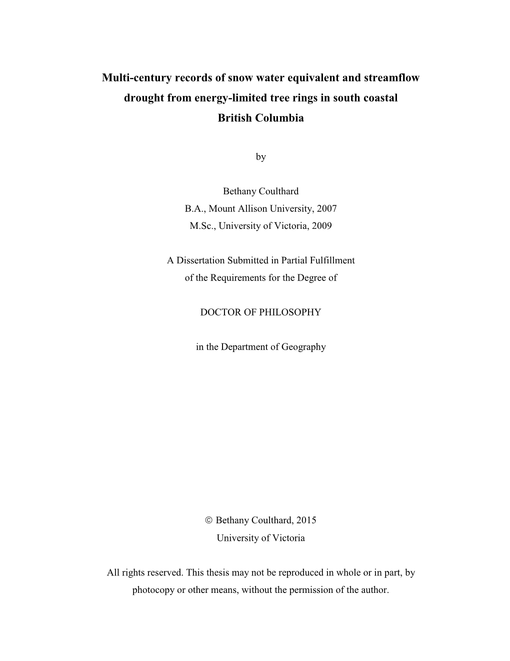 Multi-Century Records of Snow Water Equivalent and Streamflow Drought from Energy-Limited Tree Rings in South Coastal British Columbia