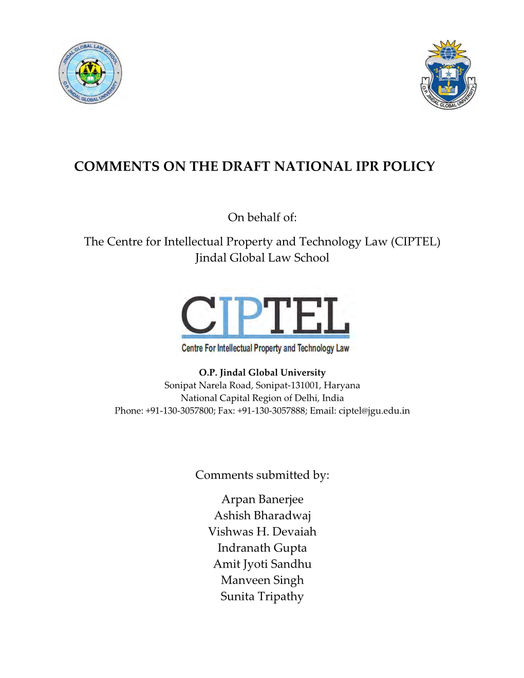 Comments on the Draft National Ipr Policy