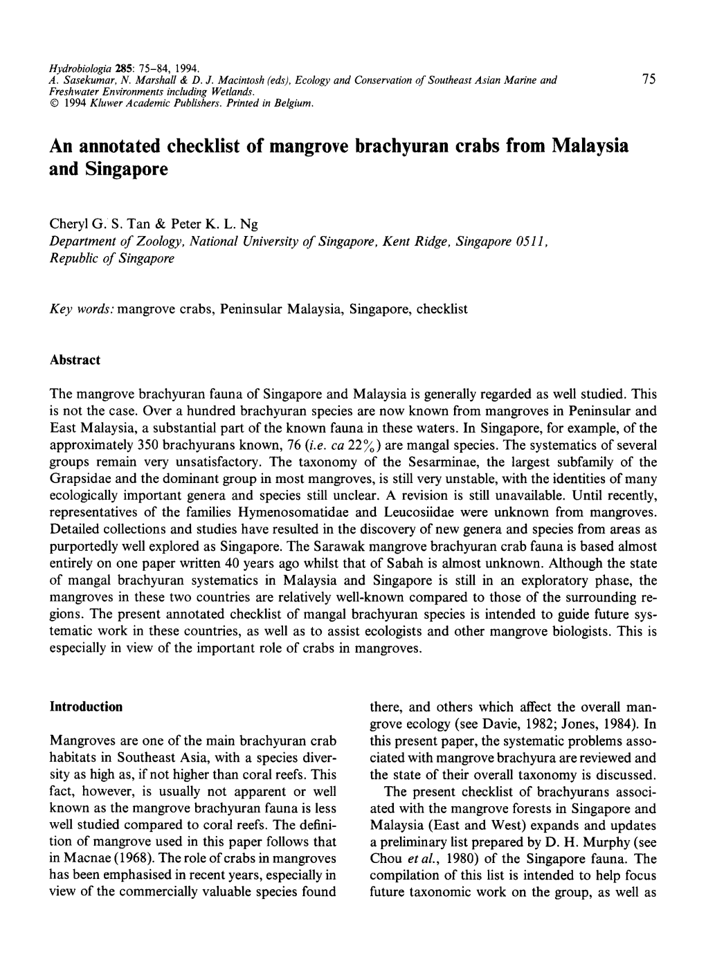 An Annotated Checklist of Mangrove Brachyuran Crabs from Malaysia and Singapore