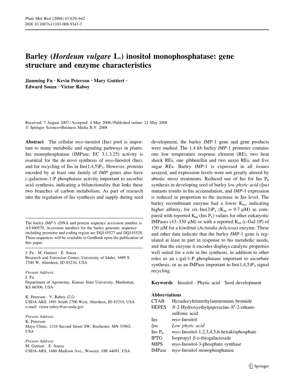 Inositol Monophosphatase: Gene Structure and Enzyme Characteristics